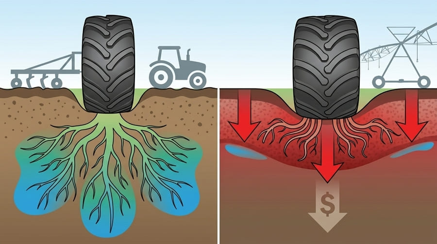 A diagram showing the negative impact of soil compaction on crop root growth.