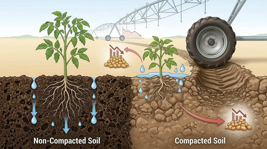 An infographic showing how soil compaction reduces water penetration and damages crop roots, leading to yield loss.