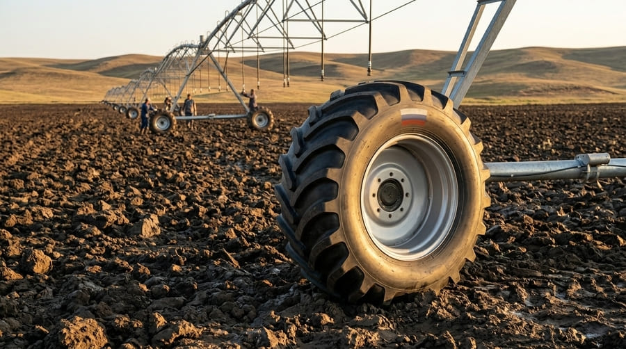 A heavy-duty irrigation tire with a high load index and reinforced sidewalls, built for tough terrain.