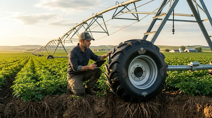 A professional farm manager in North America inspecting a high-performance radial tire on a large pivot.