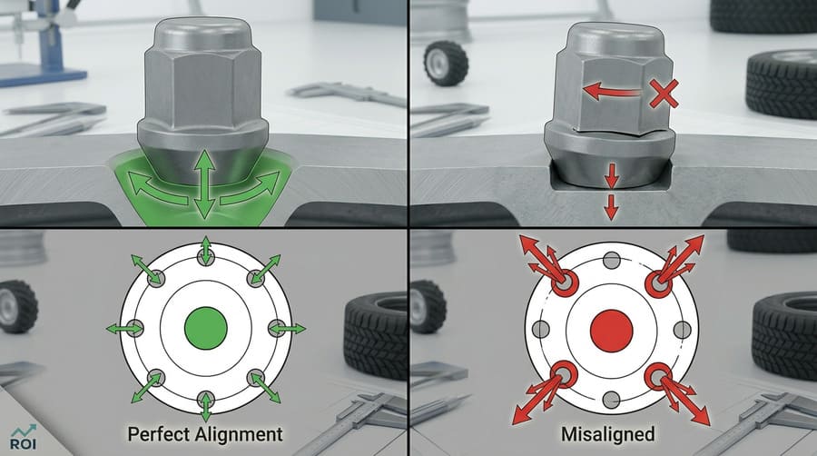 An animation showing even stress distribution on a perfect bolt circle versus concentrated stress on a misaligned one.