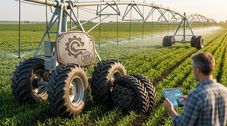 A procurement manager at a desk, researching irrigation tires on a laptop and tablet.