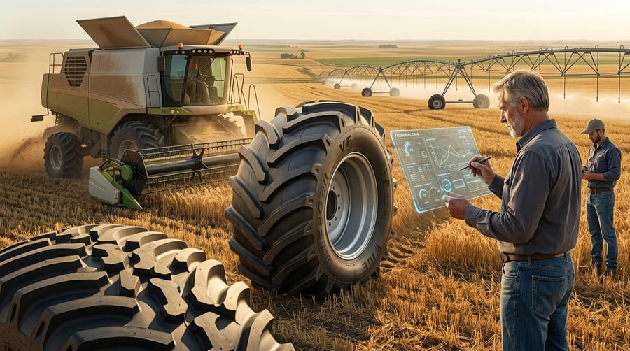 A farm manager reviewing tire performance data on a tablet in the field.