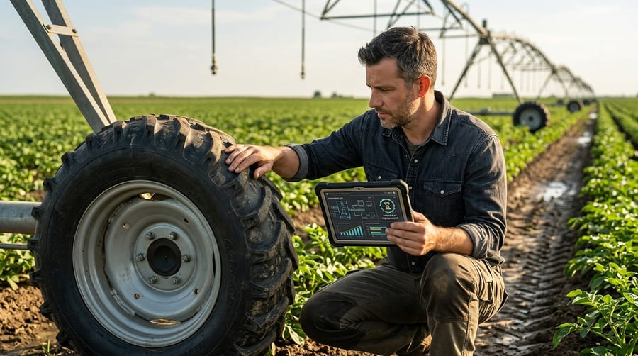 A farm manager using a tablet in a field to check tire wear and schedule maintenance for a pivot system.