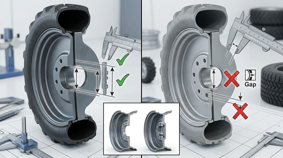 A close-up of a wheel hub, showing the importance of a flush fit at the center hole and mounting disc.