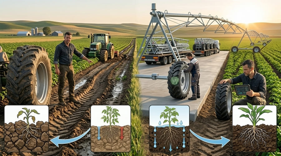 A small-scale farmer in a developing market purchasing an affordable bias-ply irrigation tire.