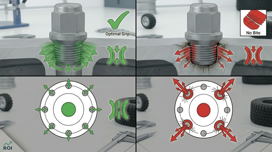 A close-up view showing the threads of a hardened bolt making a slight impression into the softer rim material for a secure fit.