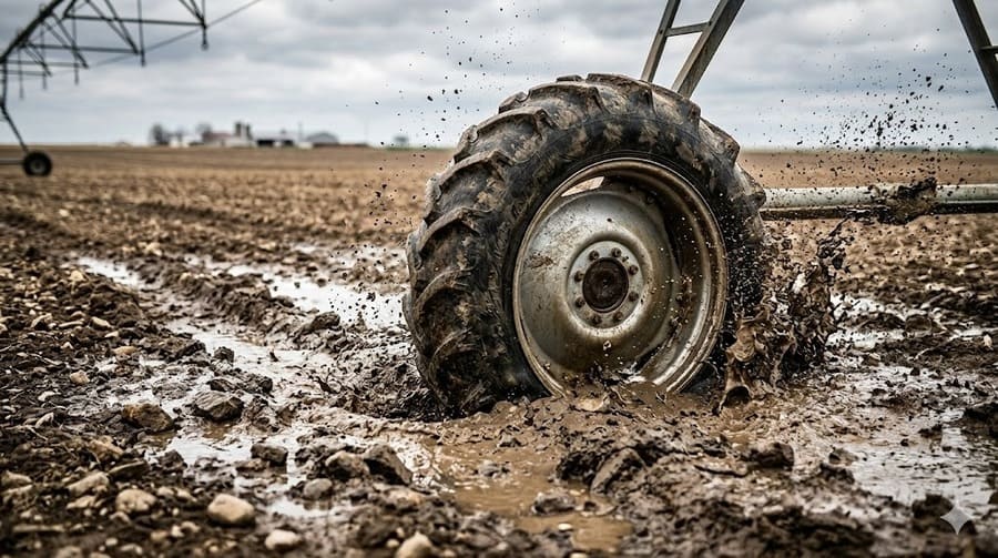 An irrigation wheel hitting a deep, muddy rut, illustrating a high dynamic impact load situation.