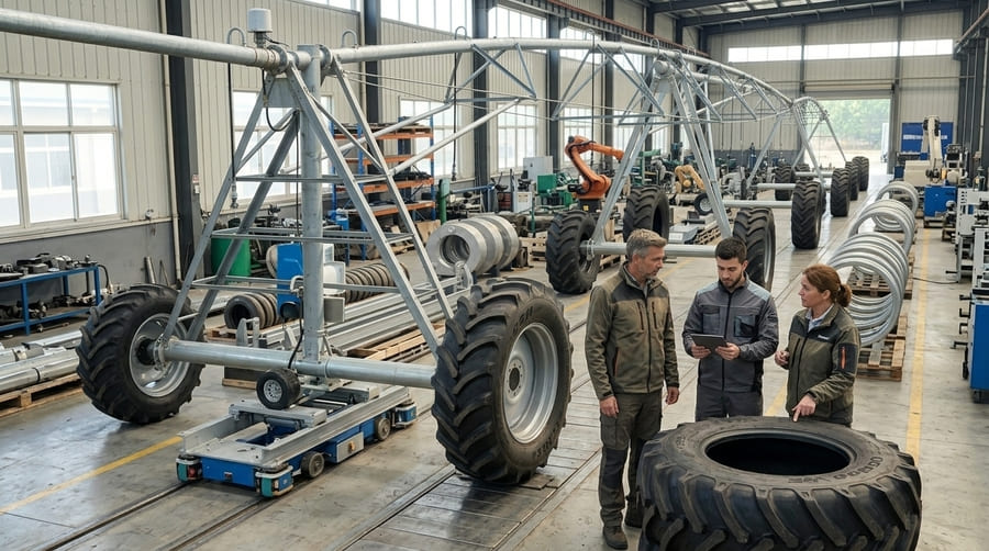 A shot of a brand-new irrigation pivot with Gescomaxy tires being assembled at the factory.