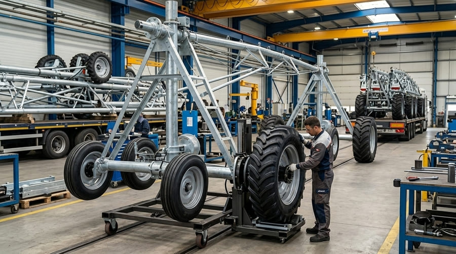 A new center pivot tower section on a factory floor with a high-performance irrigation tire being mounted.