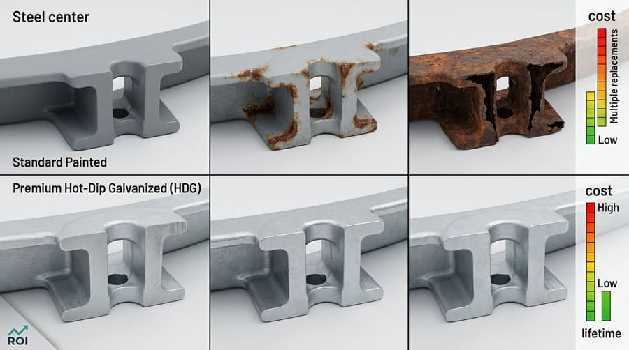 A graph showing the long-term cost comparison between a cheaper, painted rim and a more expensive HDG rim, with the HDG rim being far cheaper over time.